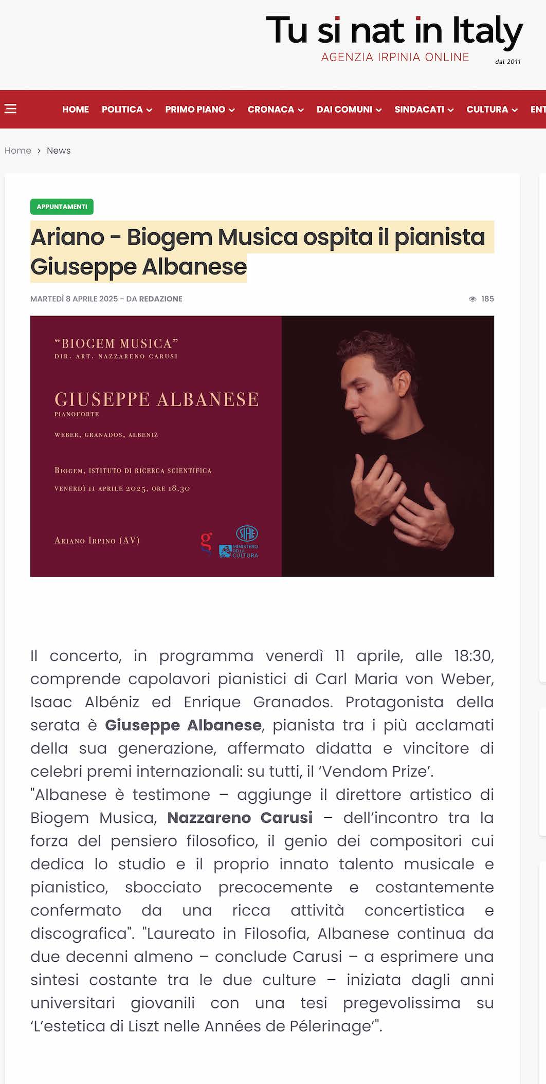 Ariano - Biogem Musica ospita il pianista Giuseppe Albanese